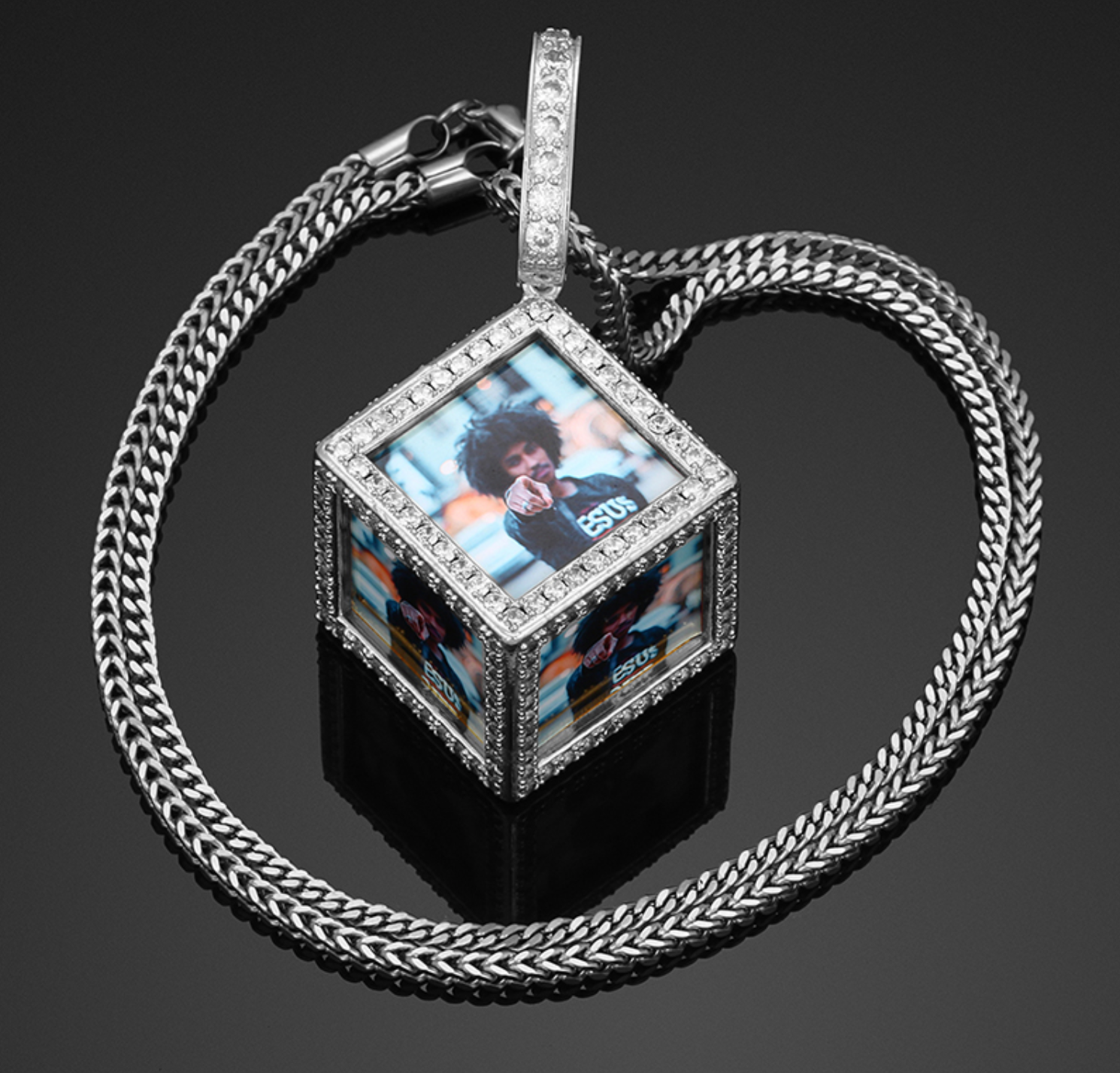 Gold/Silver/Rose Gold Cube Picture Charm w/Rope Chain