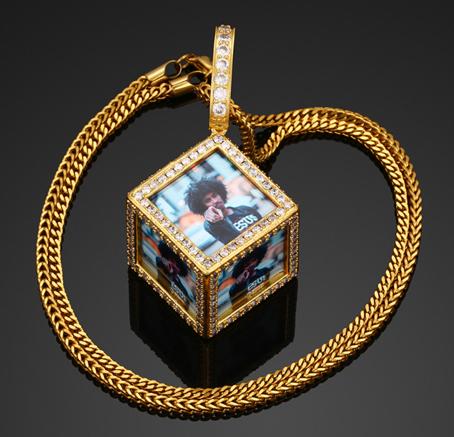 Gold/Silver/Rose Gold Cube Picture Charm w/Rope Chain